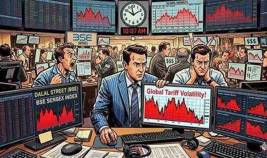 Understand this title- "Dalal Street Braces for Volatility as Global Tariff Fears and FII Outflows Dominate Trading Sessions" and create a thumbnail image for the same without text, but with the understanding of the title